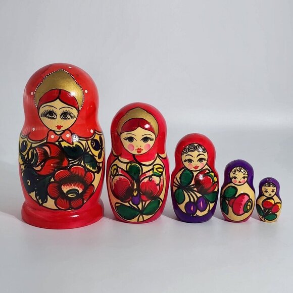Hand Painted Russian Matryoshka Nesting Dolls Set Of 5 Red Floral Design Traditi - Picture 5 of 12